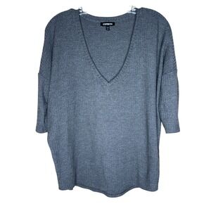 Express Gray Waffle Knit Women's Top Sz M Deep V Dropped Sleeve Coastal